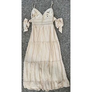 Small beige boho tiered maxi dress w/ lace bodice & off-the-shoulder sleeves